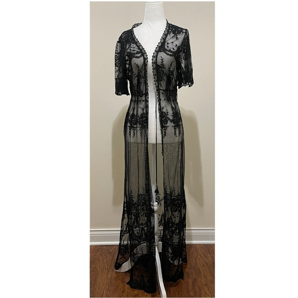 NWT Bloomingdale's AQUA Black Floral Short Sleeve Sheer Kimono, M - Picture 5 of 16